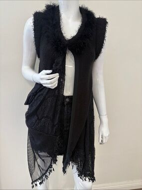Y2K Black Sleeveless Knit Duster Vest w Lace, Mesh Paneling & Feather Boa Trim